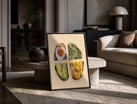 Four Toasts Grid print on the floor, leaning against a travertine table