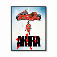 Framed Akira red bike and rider framed anime poster on white print shown as a bold statement piece on a clean gallery wall