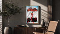 Akira red bike and rider framed anime poster on white poster framed above a fluted sideboard beside an olive tree