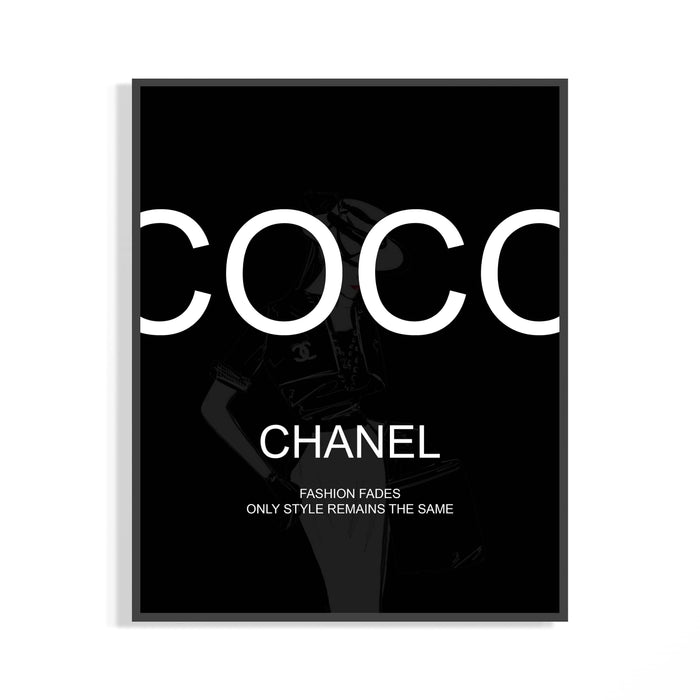 Black Coco Chanel printed poster with bold white COCO typography and a fashion quote