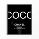 Framed black Coco Chanel poster with bold COCO typography and fashion quote in white