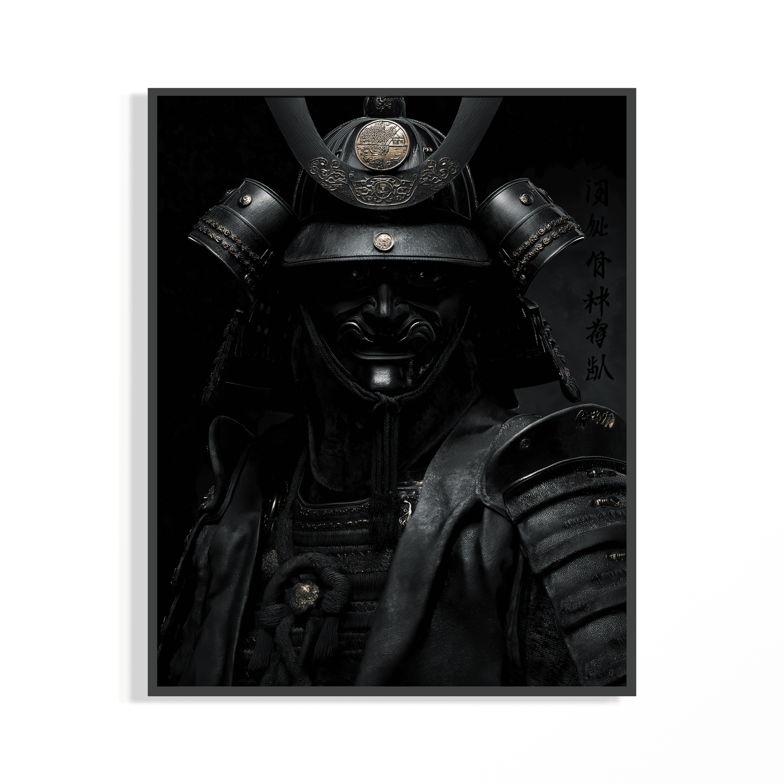 Black samurai poster of a warrior in dark armor with a gold medallion crest and menpo mask