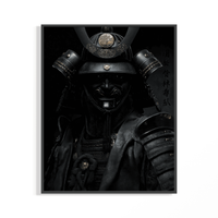 Black samurai poster of a warrior in dark armor with a gold medallion crest and menpo mask