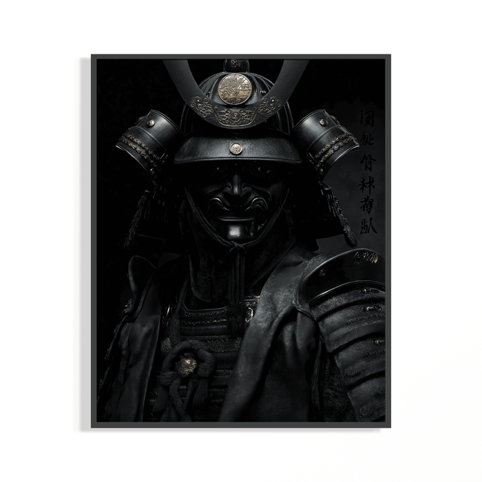 Black samurai poster of a warrior in dark armor with a gold medallion crest and menpo mask