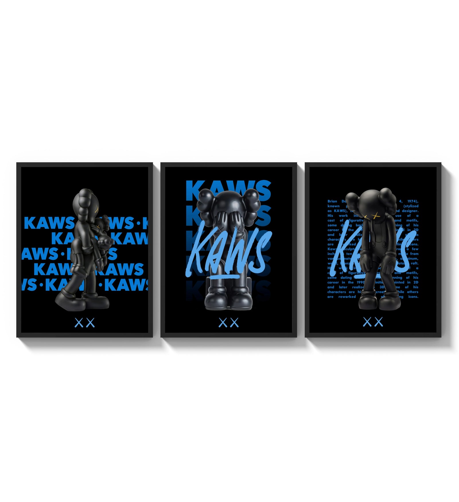 Black KAWS Companion framed poster set of 3 with blue script typography three-panel set arranged as a triptych on a…