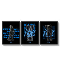 Black KAWS Companion framed poster set of 3 with blue script typography three-panel set arranged as a triptych on a…
