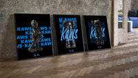 Black KAWS Companion framed poster set of 3 with blue script typography three-piece set leaning on parquet beside a…