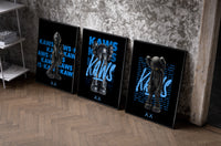Black KAWS Companion framed poster set of 3 with blue script typography set of three black-framed prints leaning against…