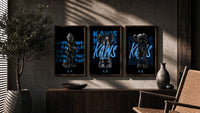 Black KAWS Companion framed poster set of 3 with blue script typography triptych in three walnut frames above a sideboard…