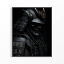 Framed close-up samurai poster showing weathered dark armor with horn crest and Japanese kanji