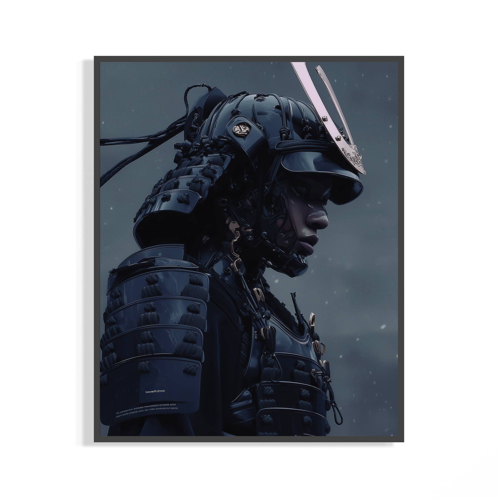 Close-up of a midnight ronin samurai print in blue-black armor with a silver blade crest detail