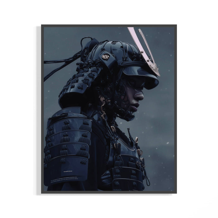 Close-up of a midnight ronin samurai print in blue-black armor with a silver blade crest detail
