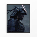 Framed dark samurai poster showing a midnight ronin in blue-black armor with silver blade crest