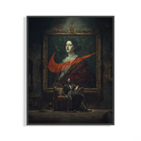 Framed Goya Swoosh poster with classical oil painting in a gold frame and bold red Nike swoosh overlay