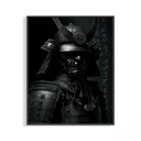 Horned samurai poster in dark armor set against sweeping Japanese calligraphy on a wall