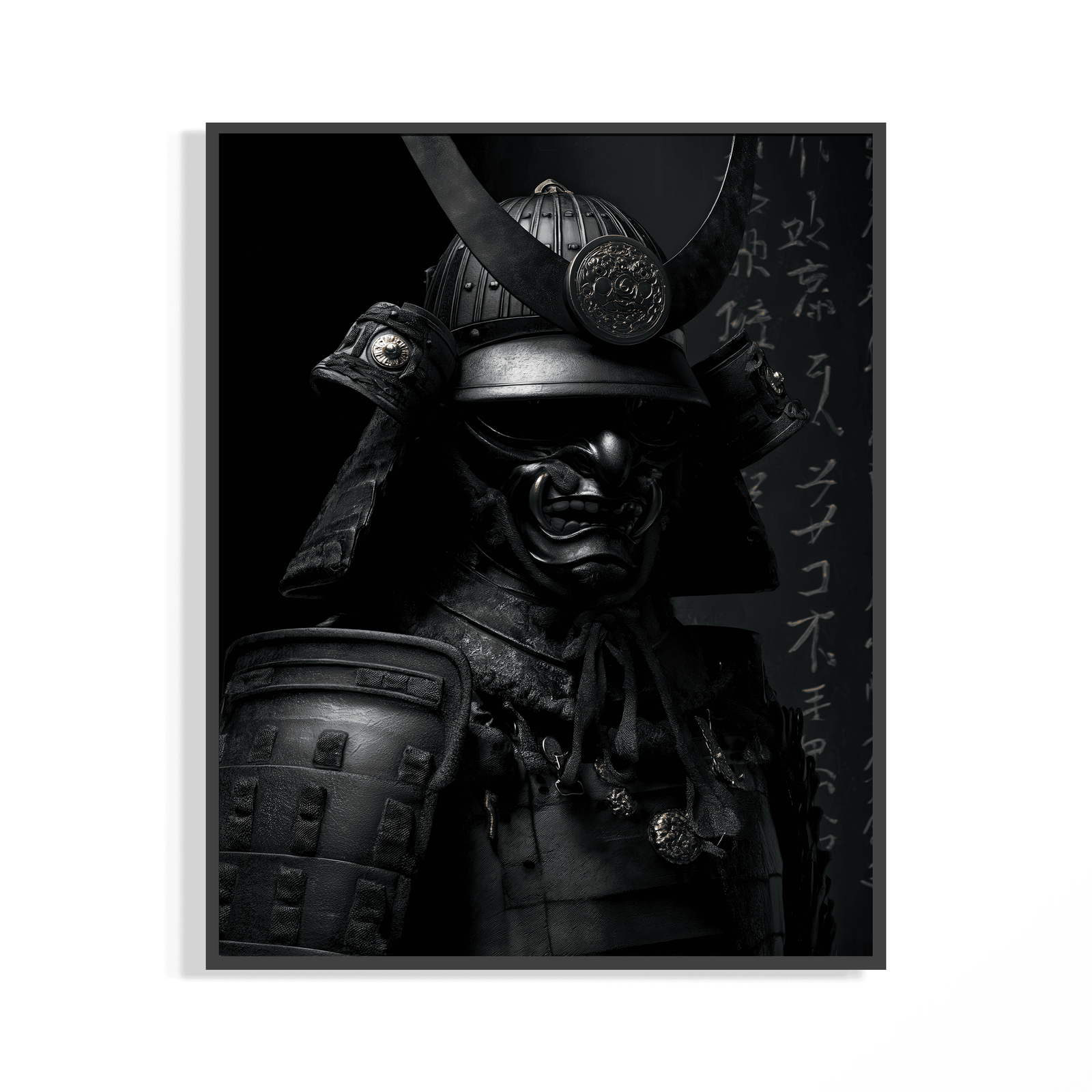 Horned samurai poster in dark armor set against sweeping Japanese calligraphy on a wall