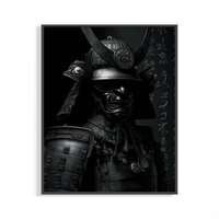 Horned samurai poster in dark armor set against sweeping Japanese calligraphy on a wall