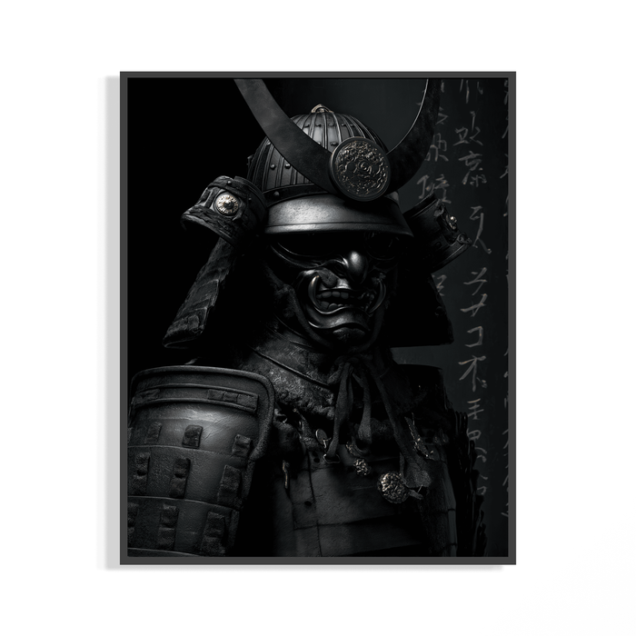 Horned samurai poster in dark armor set against sweeping Japanese calligraphy on a wall