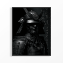 Framed Japanese samurai poster of a horned warrior in dark armor with Japanese calligraphy background