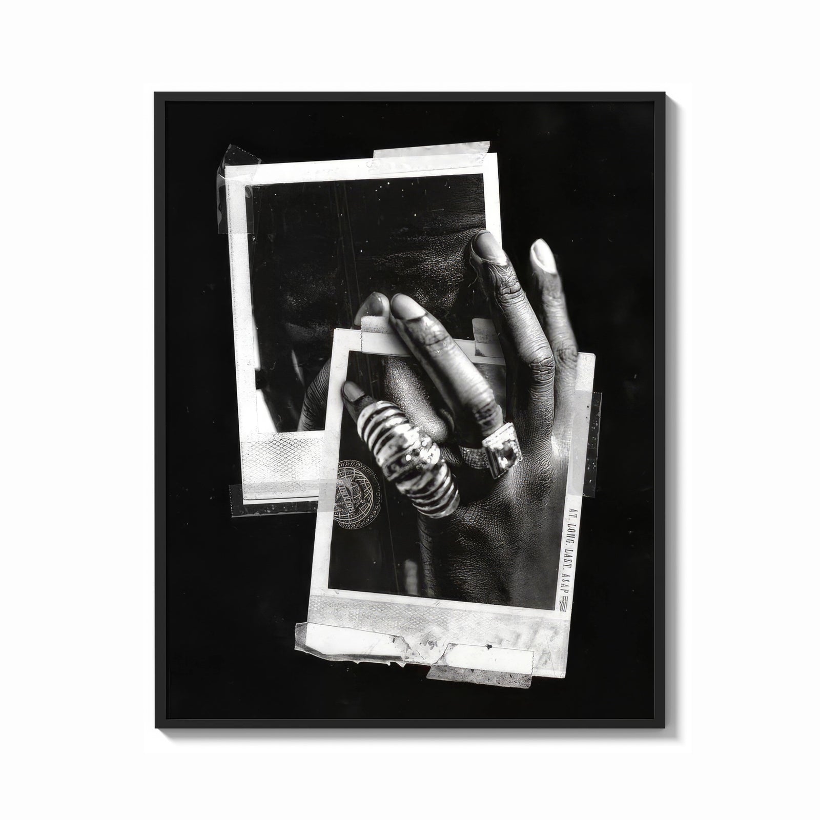 Framed Michael Jordan six rings black and white polaroid framed poster print shown as a bold statement piece on a clean…