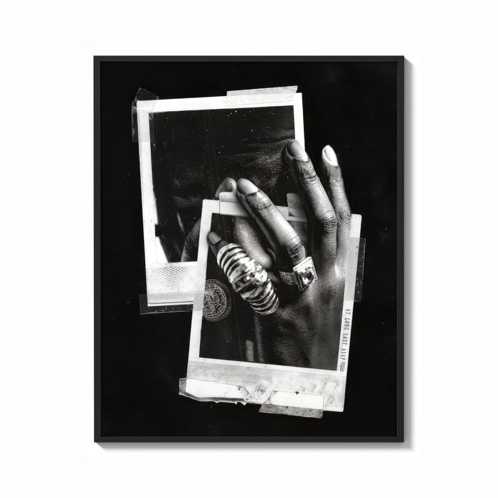 Framed Michael Jordan six rings black and white polaroid framed poster print shown as a bold statement piece on a clean…