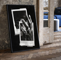 Michael Jordan six rings black and white polaroid framed poster print in a black frame leaning beside a vintage door on…