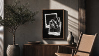 Michael Jordan six rings black and white polaroid framed poster poster framed above a fluted sideboard beside an olive tree