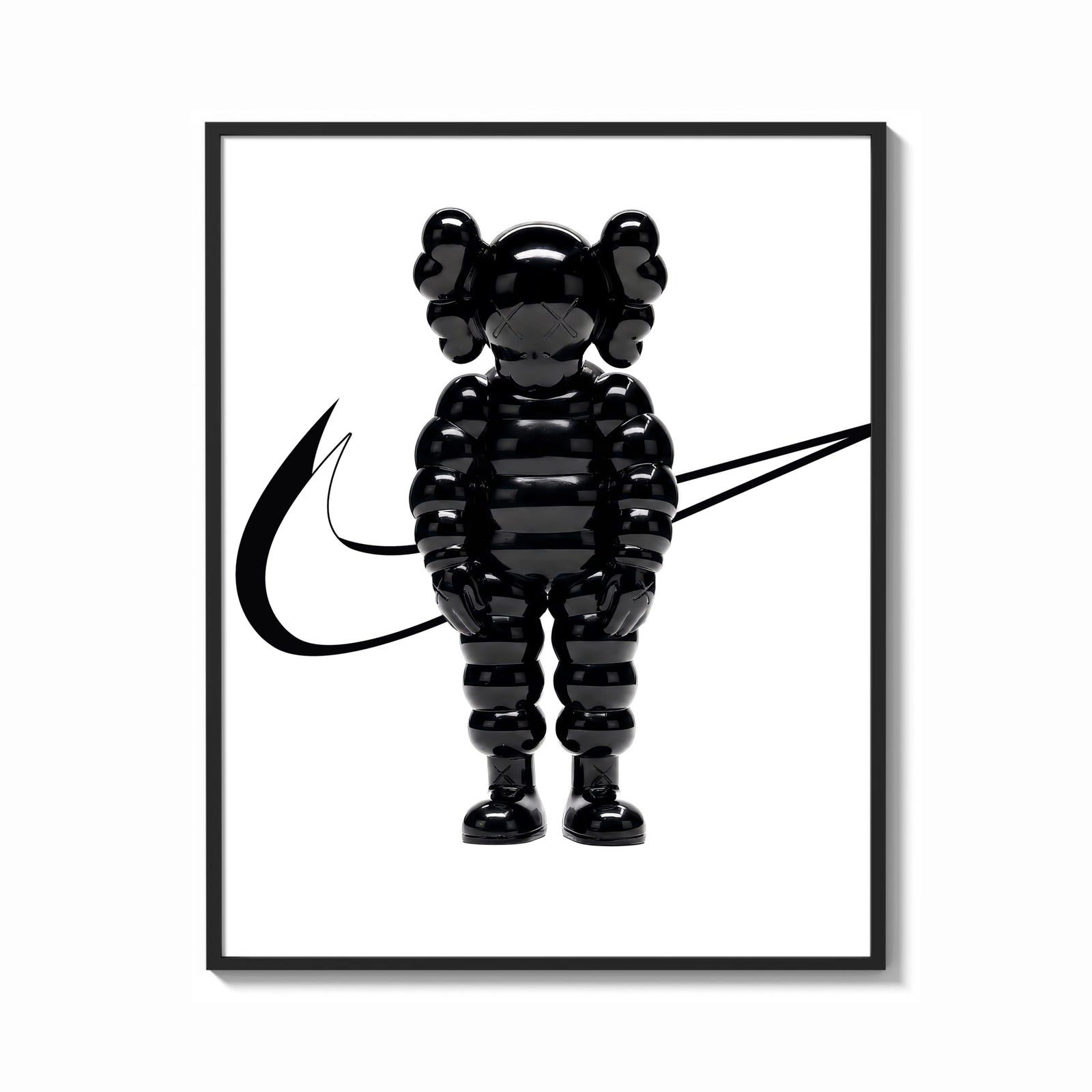 Framed KAWS Chum figure with swoosh line framed poster on white print shown as a bold statement piece on a clean gallery wall