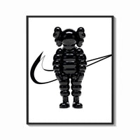 Framed KAWS Chum figure with swoosh line framed poster on white print shown as a bold statement piece on a clean gallery wall
