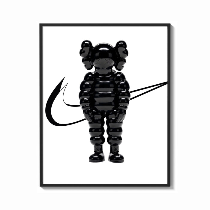 Framed KAWS Chum figure with swoosh line framed poster on white print shown as a bold statement piece on a clean gallery wall