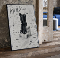 Black KAWS Companion on Nike shoeboxes framed sketch poster print in a black frame leaning beside a vintage door on parquet
