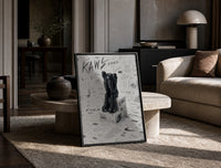 Black KAWS Companion on Nike shoeboxes framed sketch poster print in a black frame leaning on a travertine table in a…