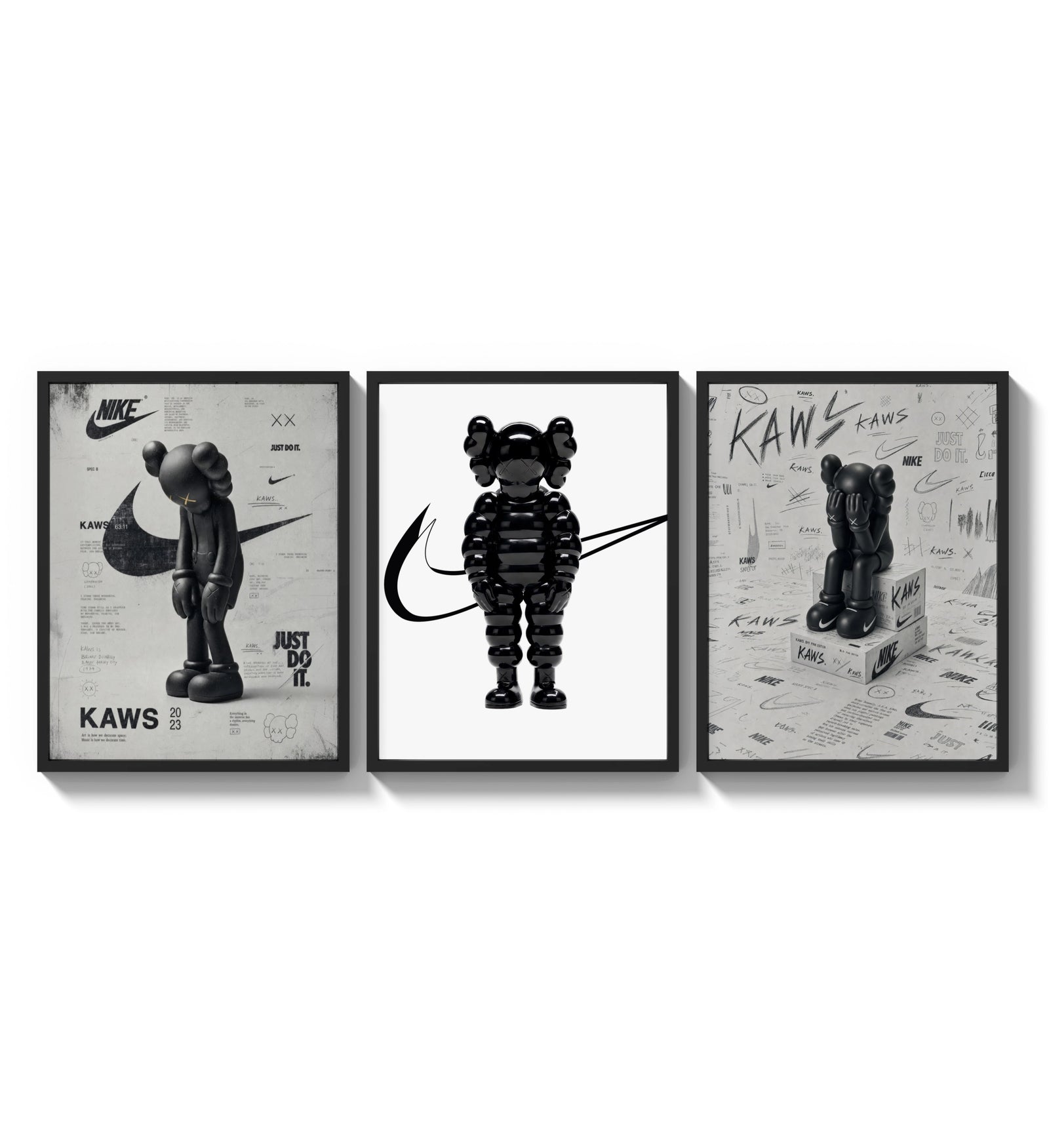 Black and white KAWS Nike framed poster set of 3 three-panel set arranged as a triptych on a bright gallery wall