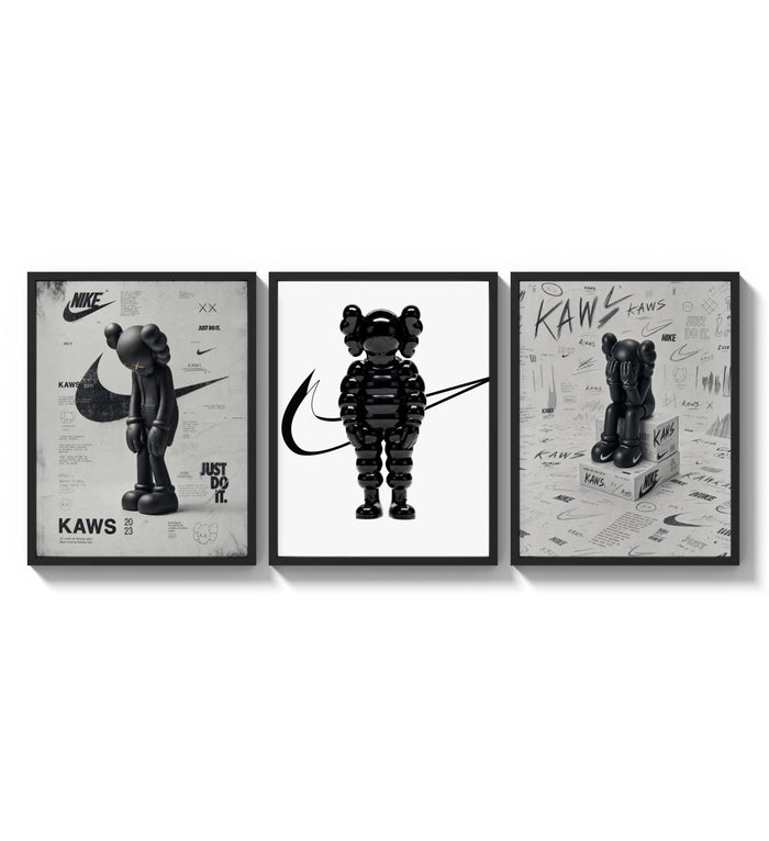 Black and white KAWS Nike framed poster set of 3 three-panel set arranged as a triptych on a bright gallery wall