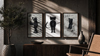 Black and white KAWS Nike framed poster set of 3 triptych in three walnut frames above a sideboard in a warm room
