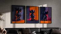 KAWS Companion framed poster set of 3 in orange and violet brushwork triptych in three black frames on a grey wall above…