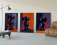 KAWS Companion framed poster set of 3 in orange and violet brushwork three-panel set displayed beside a brown leather sofa