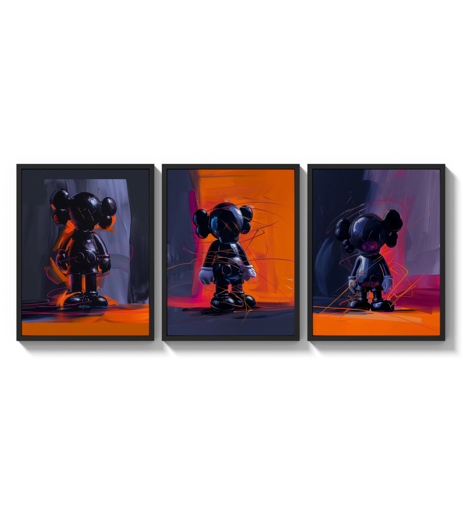 KAWS Companion framed poster set of 3 in orange and violet brushwork three-panel set arranged as a triptych on a bright…