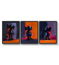 KAWS Companion framed poster set of 3 in orange and violet brushwork three-panel set arranged as a triptych on a bright…