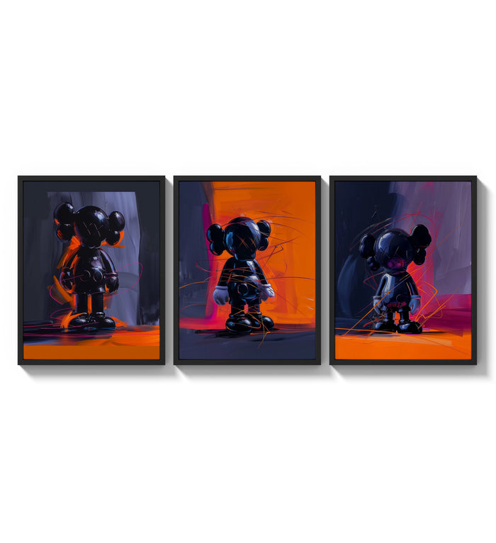 KAWS Companion framed poster set of 3 in orange and violet brushwork three-panel set arranged as a triptych on a bright…