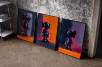 KAWS Companion framed poster set of 3 in orange and violet brushwork set of three black-framed prints leaning against a…
