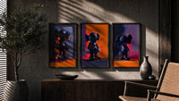 KAWS Companion framed poster set of 3 in orange and violet brushwork triptych in three walnut frames above a sideboard in…