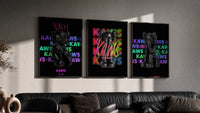 Black KAWS Companion framed poster set of 3 on rainbow tag walls triptych in three black frames on a grey wall above a…
