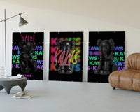 Black KAWS Companion framed poster set of 3 on rainbow tag walls three-panel set displayed beside a brown leather sofa