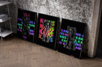Black KAWS Companion framed poster set of 3 on rainbow tag walls set of three black-framed prints leaning against a…