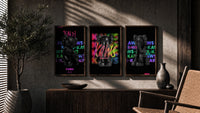 Black KAWS Companion framed poster set of 3 on rainbow tag walls triptych in three walnut frames above a sideboard in a…