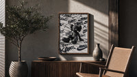 Sitting KAWS Companion framed poster poster framed above a fluted sideboard beside an olive tree