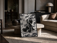 Sitting KAWS Companion framed poster print in a black frame leaning on a travertine table in a sunlit lounge