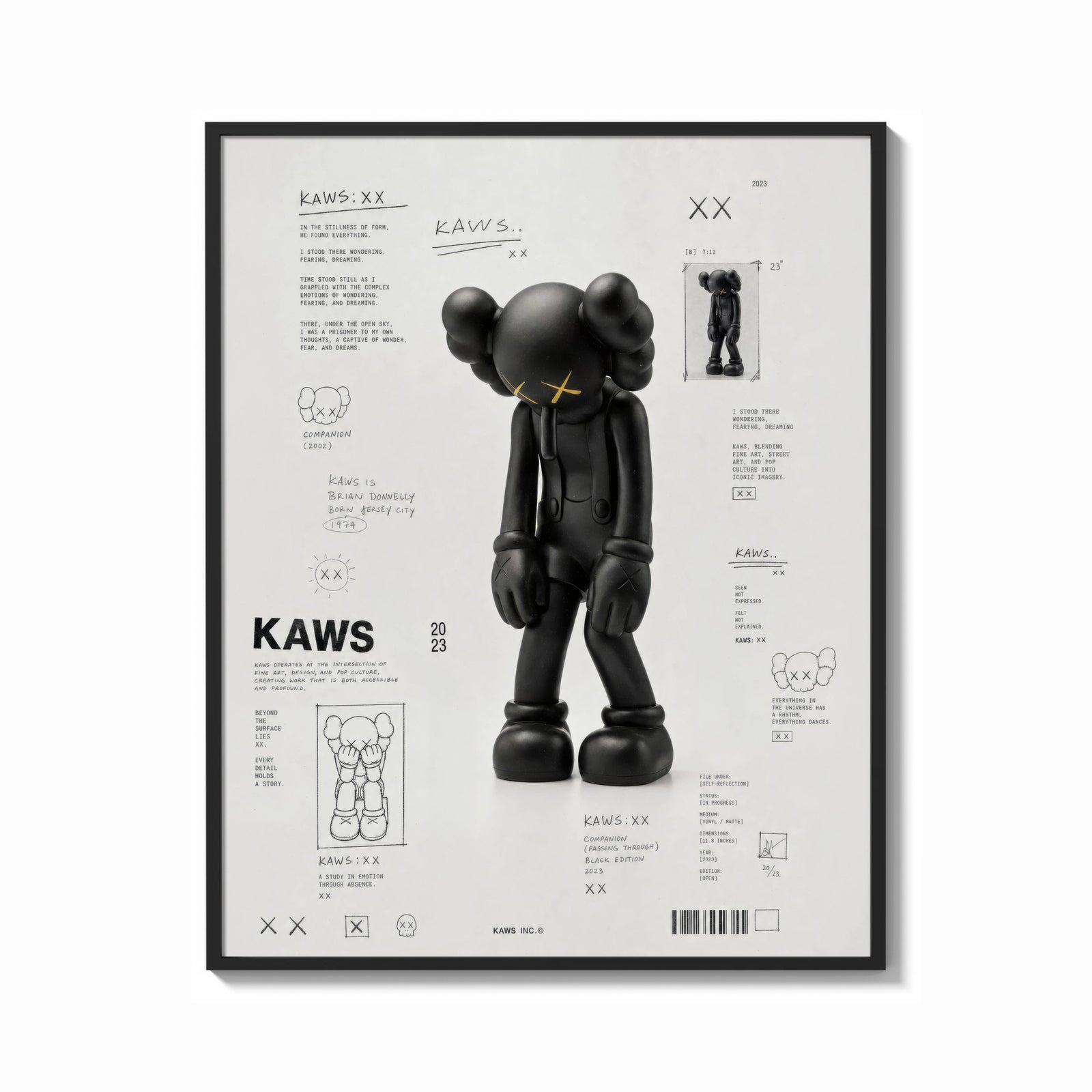 Framed KAWS Companion technical spec sheet framed poster on cream print shown as a bold statement piece on a clean…