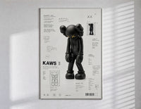KAWS Companion technical spec sheet framed poster on cream poster in a slim frame on a bright wall with soft window light